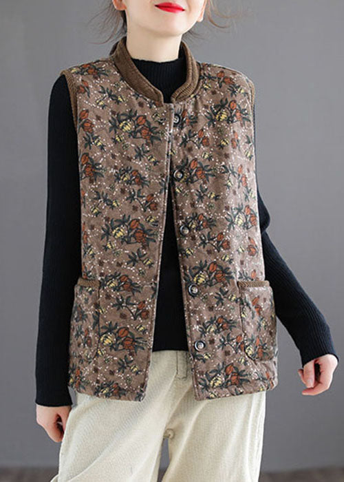 Casual Brown Stand Collar Print Fine Cotton Filled Vest Sleeveless