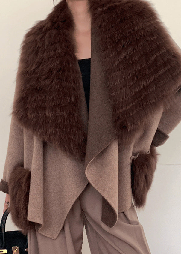 Casual Caramel Fox Collar Tie Waist Woolen Coats Winter