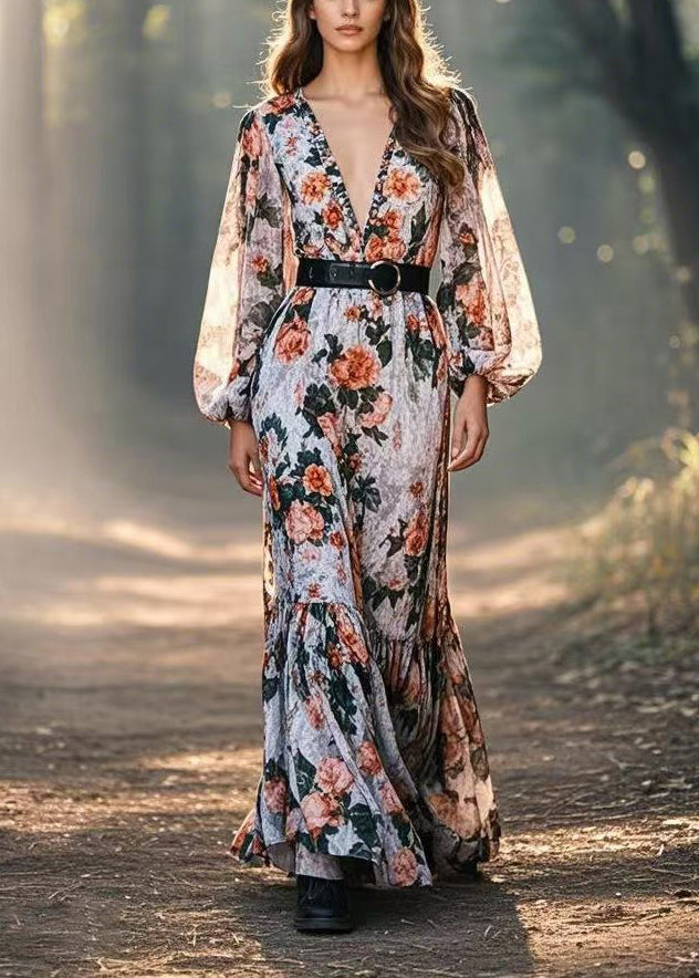 Casual Cinched Floral Print Cotton Long Dresses Spring