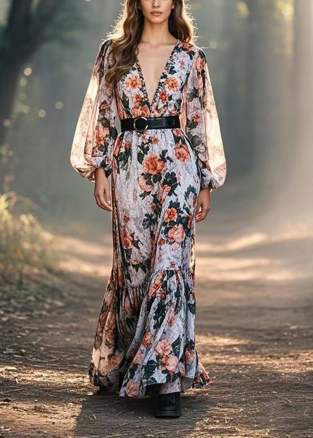 Casual Cinched Floral Print Cotton Long Dresses Spring