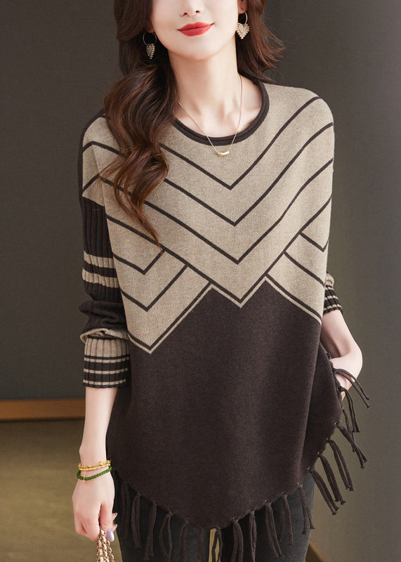 Casual Coffee O Neck Tassel Woolen Sweater Tops Spring