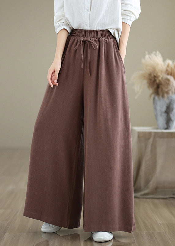 Casual Coffee Pockets Drawstring Cotton Wide Leg Pants Fall