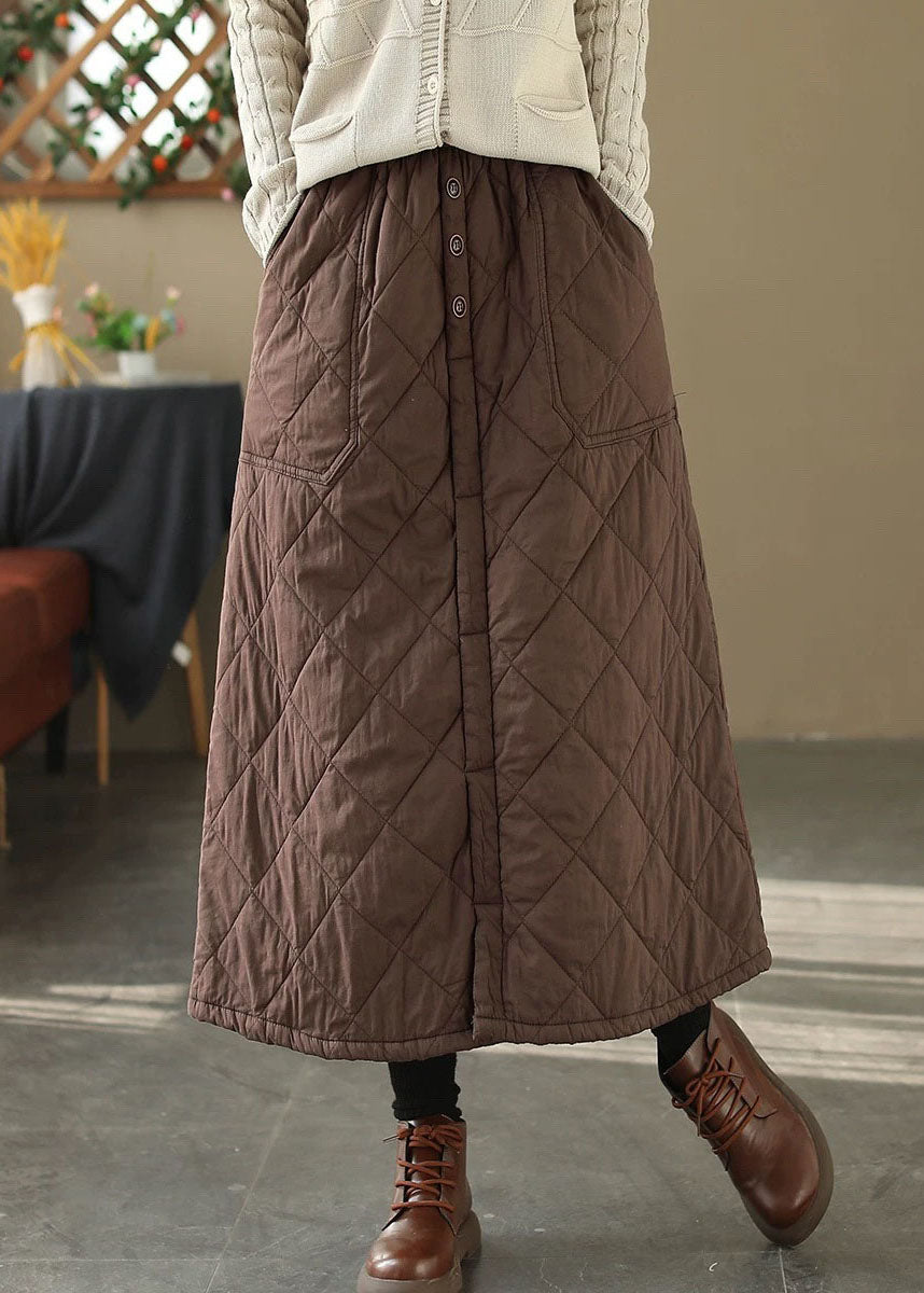 Casual Coffee Pockets Elastic Waist Fine Cotton Filled Skirt Winter