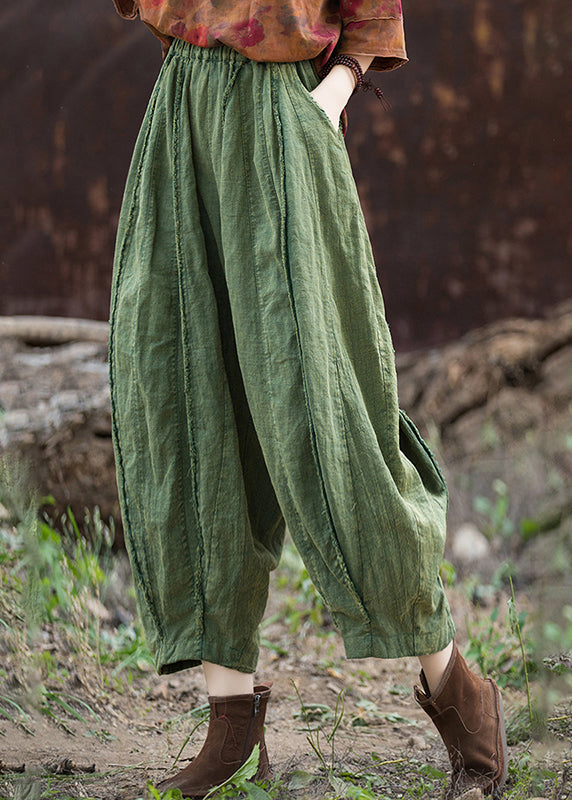 Casual Coffee Pockets Patchwork Linen Crop Pants Summer