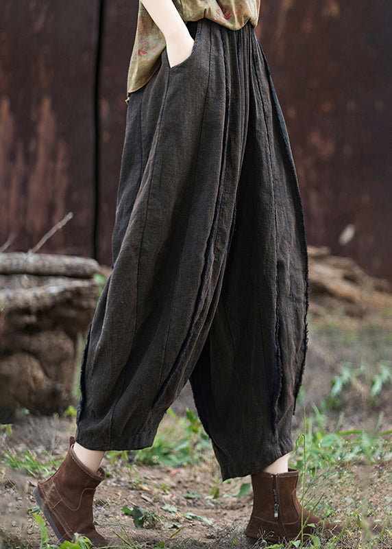 Casual Coffee Pockets Patchwork Linen Crop Pants Summer