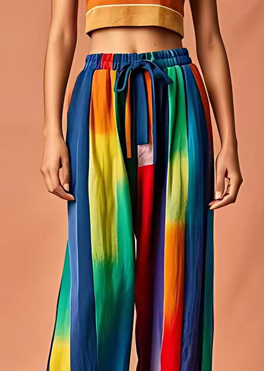 Casual Colorblock Lace Up Elastic Waist Linen Pants Summer