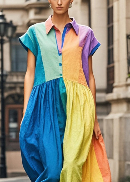 Casual Colorblock Peter Pan Collar Patchwork Cotton Long Dress Sleeveless