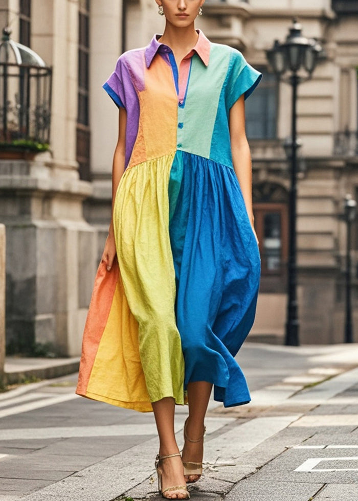 Casual Colorblock Peter Pan Collar Patchwork Cotton Long Dress Sleeveless