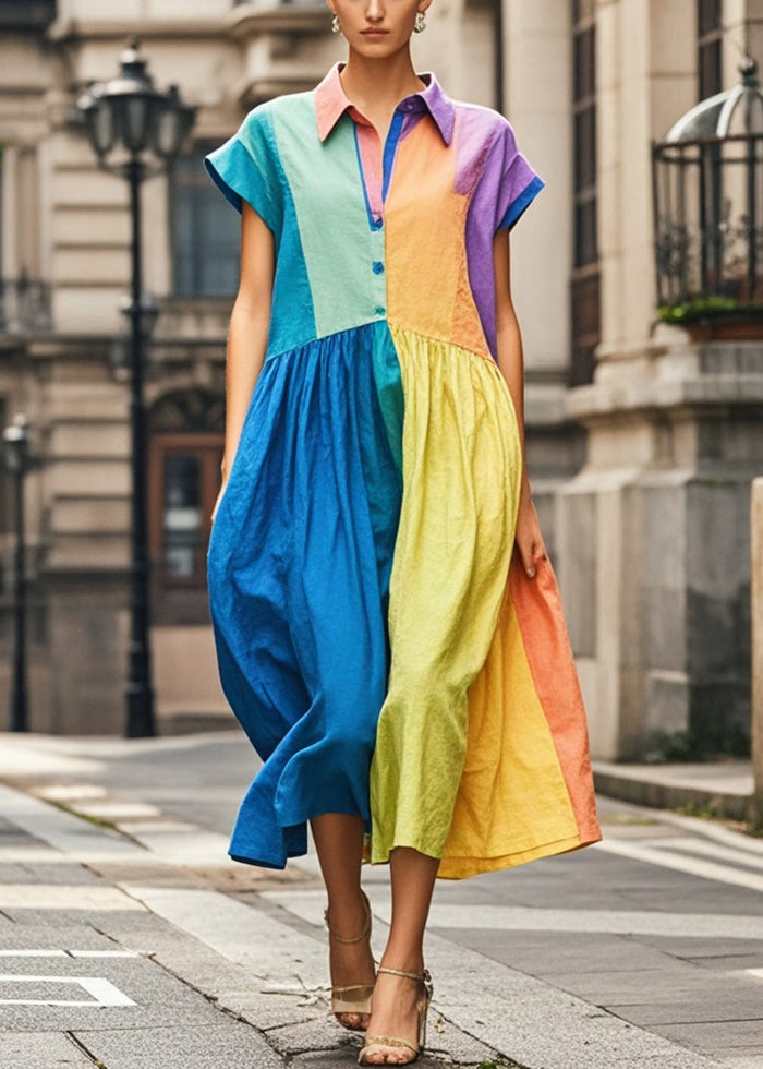 Casual Colorblock Peter Pan Collar Patchwork Cotton Long Dress Sleeveless