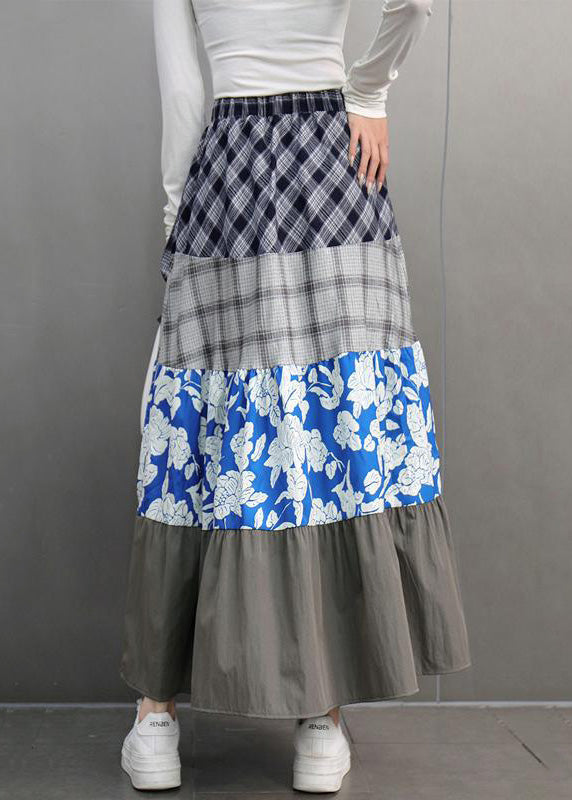 Casual Colorblock Print Plaid Elastic Waist Maxi Skirts Spring