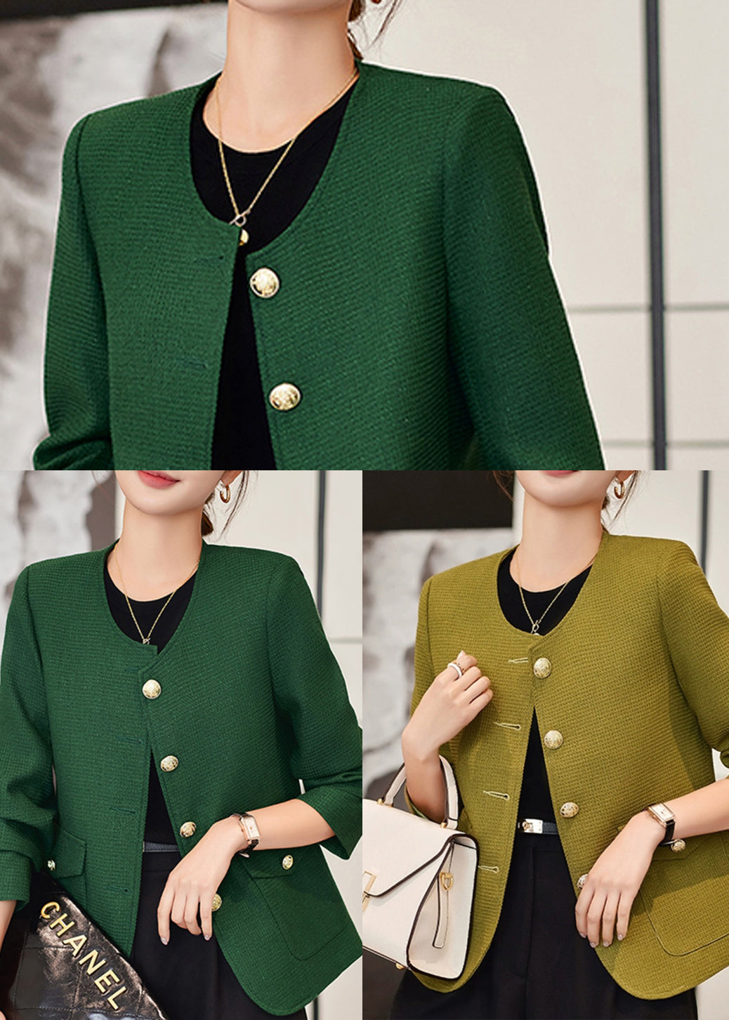 Casual Dark Green O-Neck Golden Buttons Cotton Coats Spring