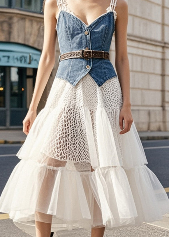 Casual Denim Blue Cinched Patchwork Tulle Vacation Dresses Summer