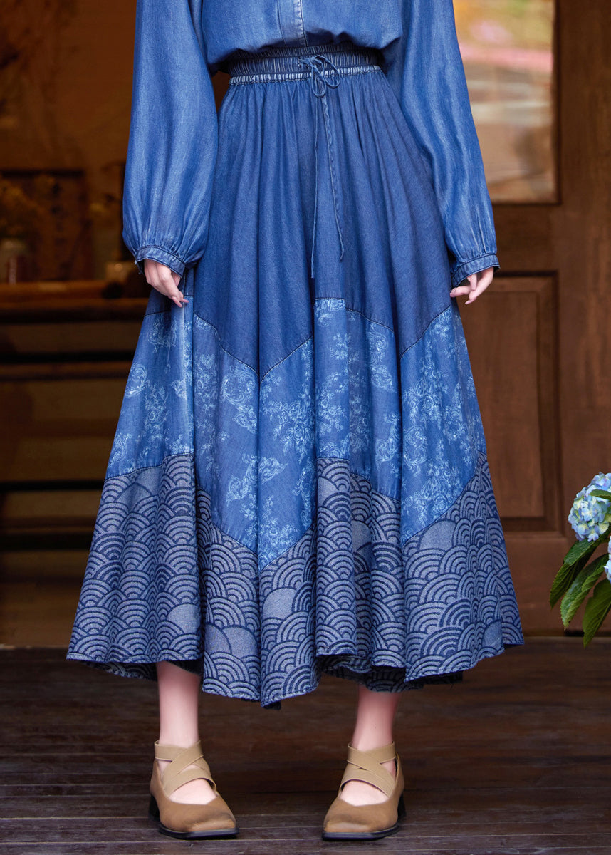 Casual Denim Blue Print Tie Waist Maxi Skirt Summer