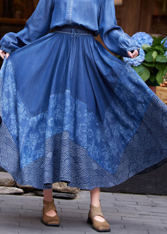 Casual Denim Blue Print Tie Waist Maxi Skirt Summer