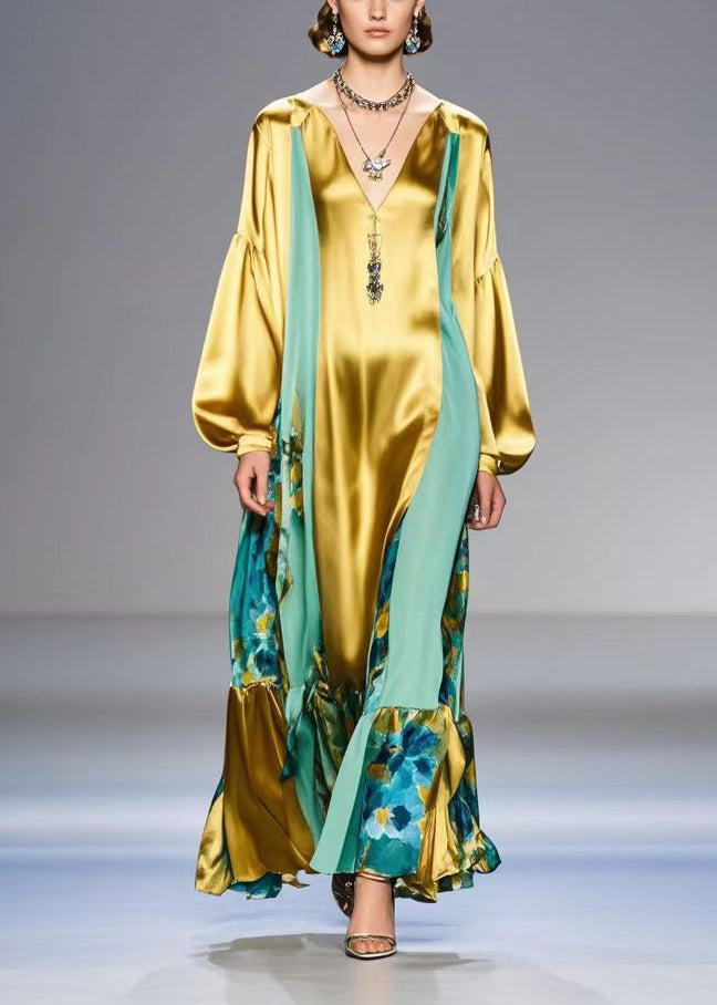 Casual Golden Patchwork Silk Dress V Neck Lantern Sleeve