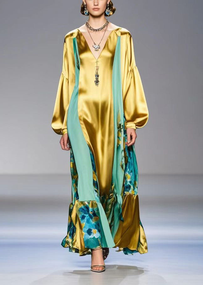 Casual Golden Patchwork Silk Dress V Neck Lantern Sleeve