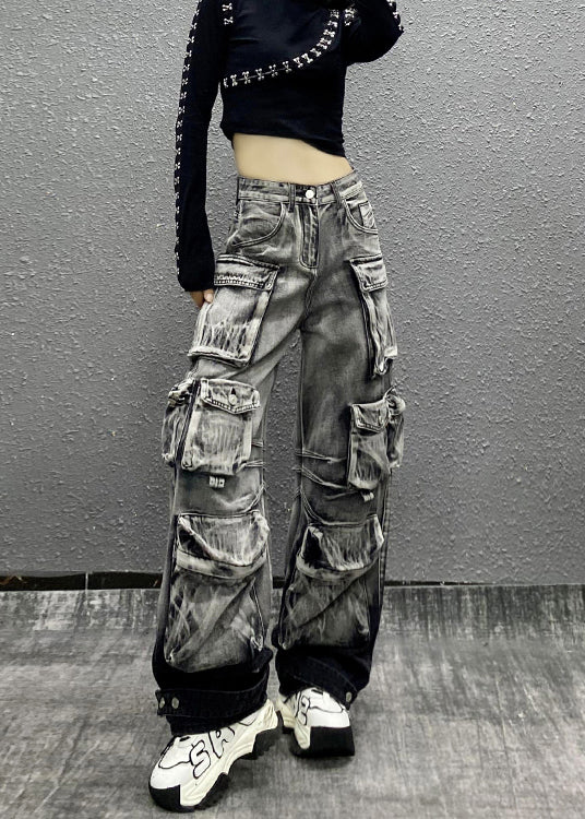 Casual Gray Black Multi Pocket Denim Pants Autumn