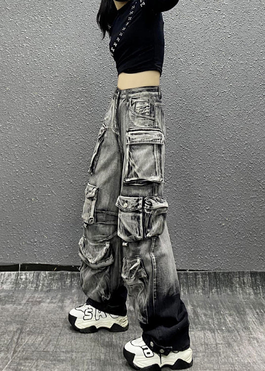 Casual Gray Black Multi Pocket Denim Pants Autumn