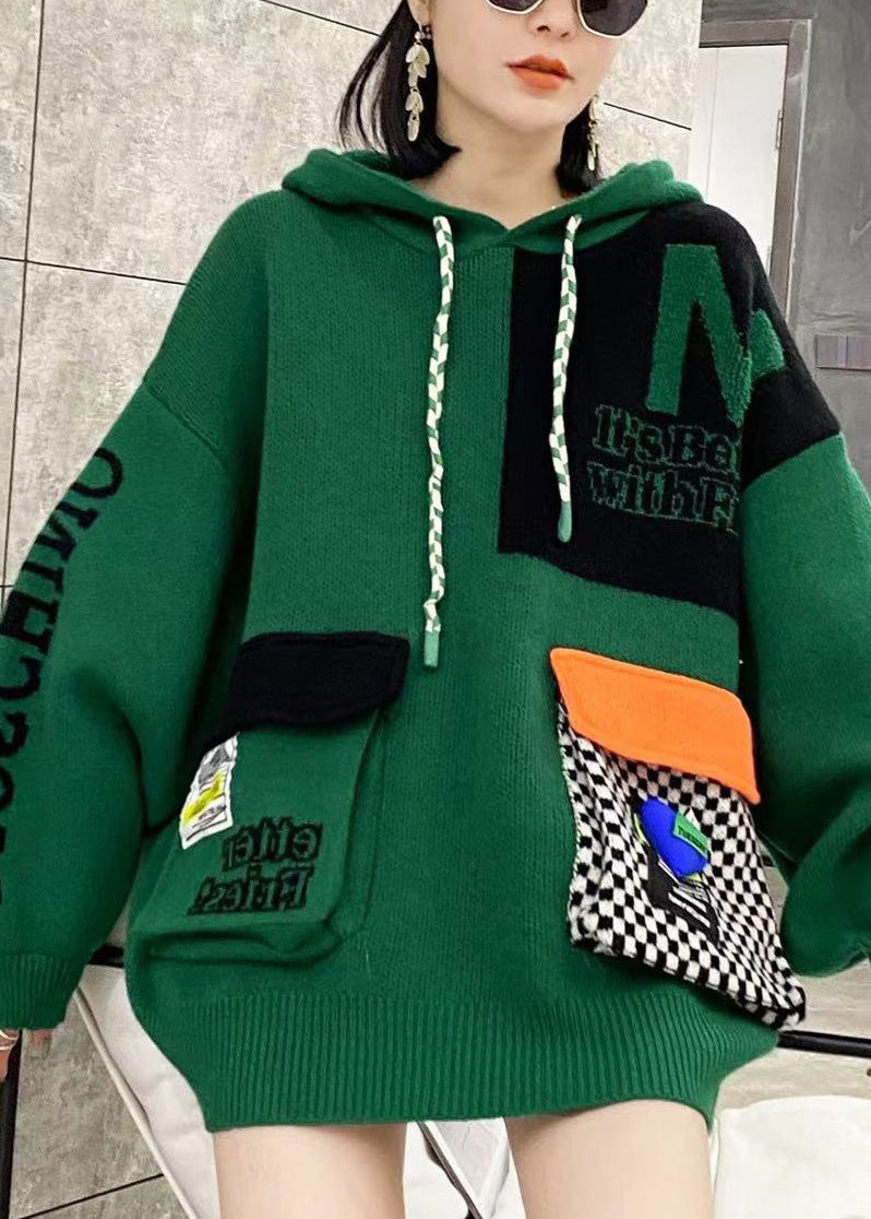 Casual Green Hooded Pockets Patchwork Knit Pullover Spring