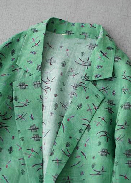 Casual Green Notched Print Coats Long Sleeve