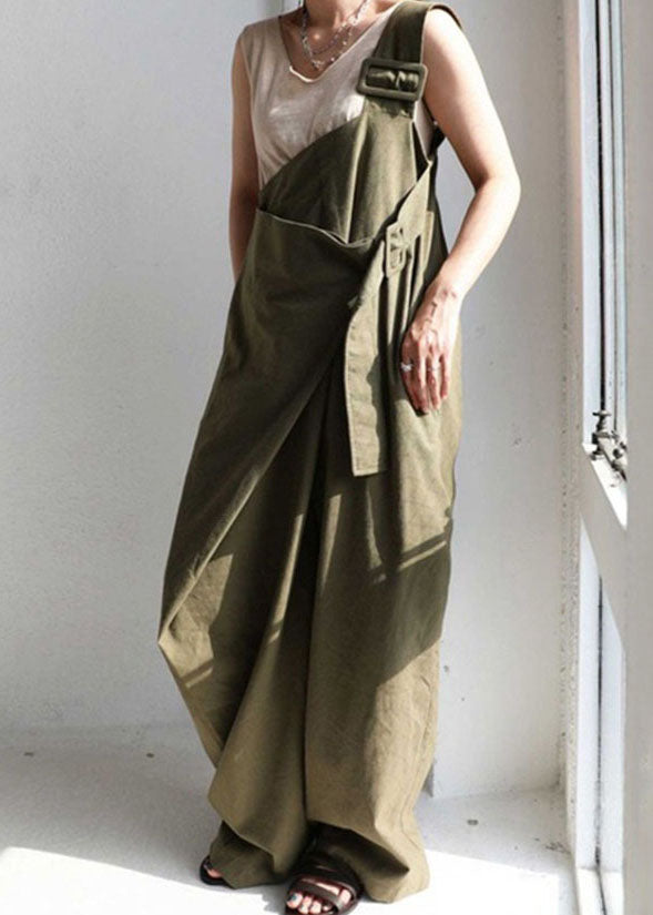 Casual Green One Shoulder Pockets Cotton Strap Jumpsuit Summer