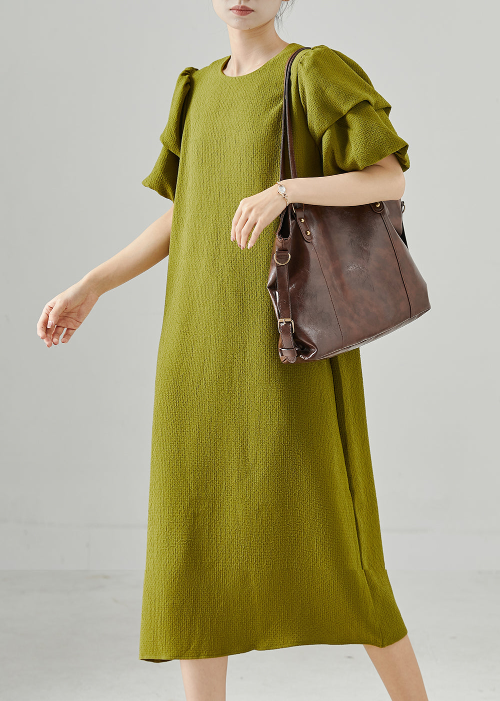 Casual Green Puff Sleeve Spandex Dresses Summer