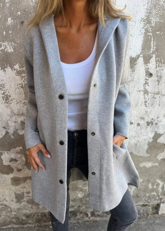 Casual Grey Hooded Button Pockets Cotton Coat Fall