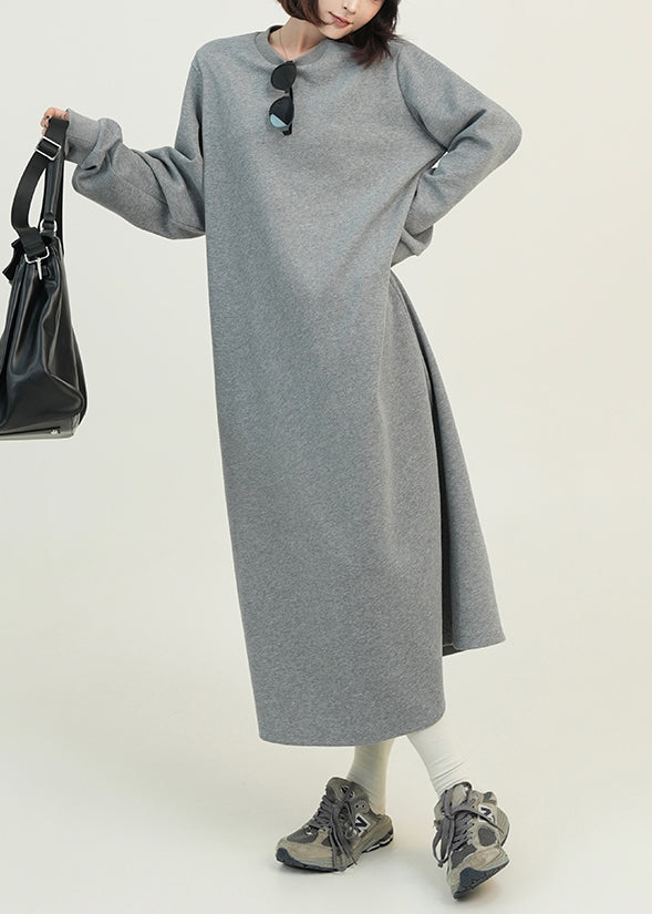 Casual Grey O Neck Loose Cotton Straight Dresses Fall