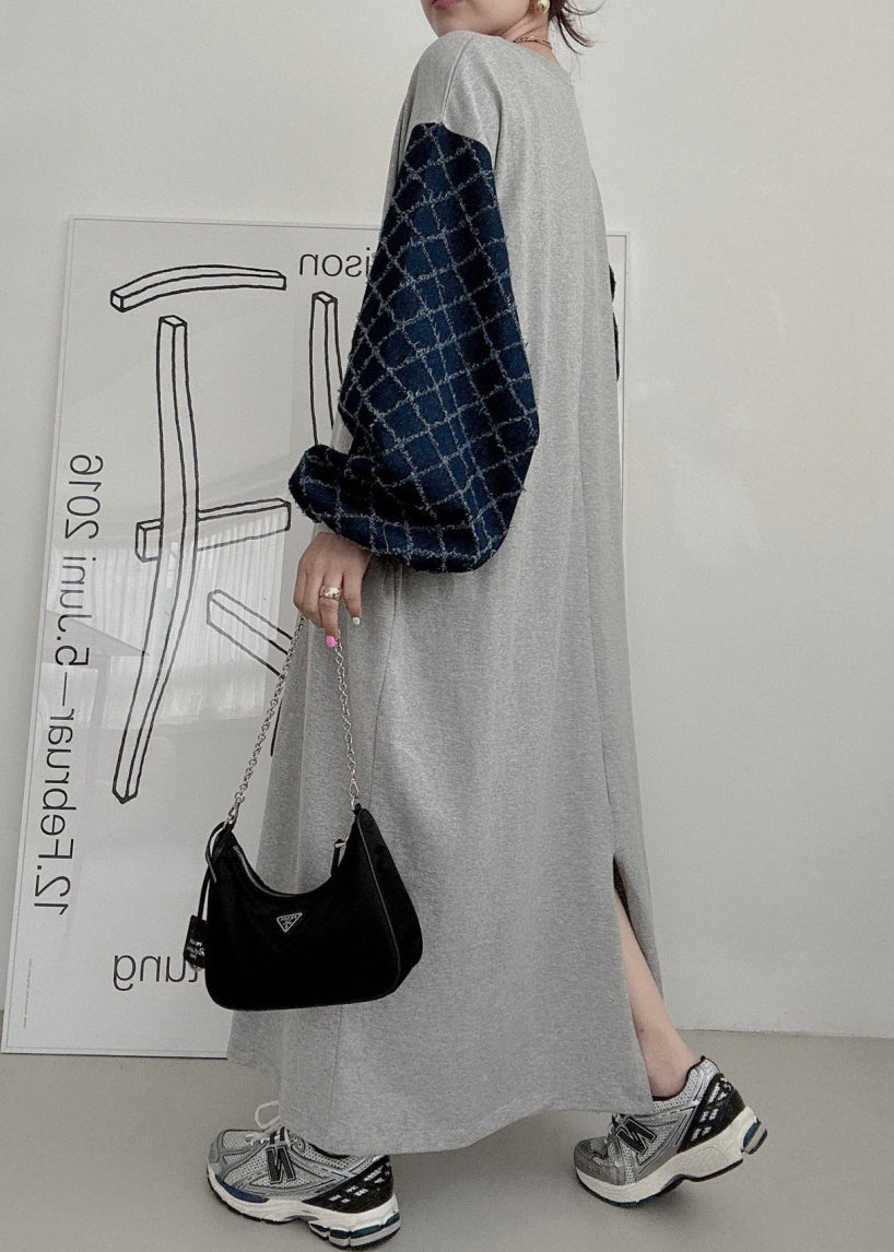 Casual Grey Oversized Patchwork Cotton Sweatshirt Dress Lantern Sleeve