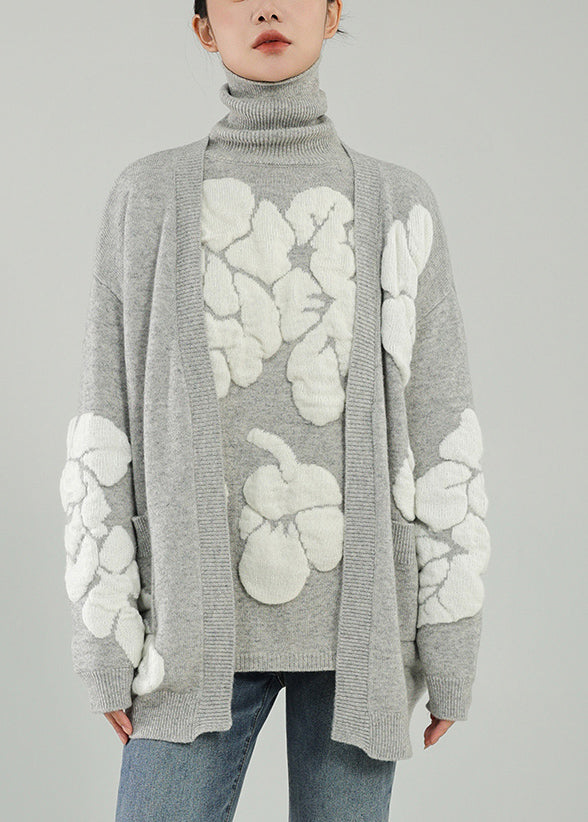 Casual Grey V Neck Floral Wool Knit Cardigans Winter