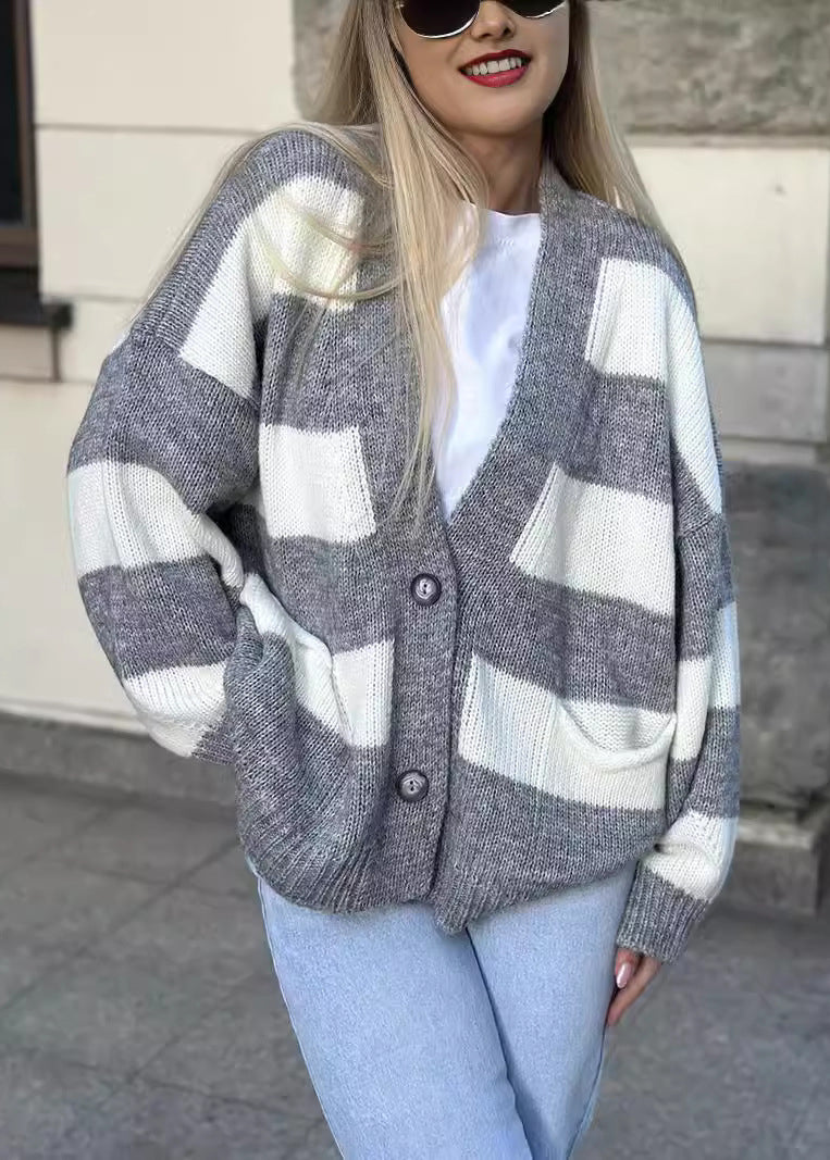 Casual Grey V Neck Pockets Striped Knit Cardigan Fall