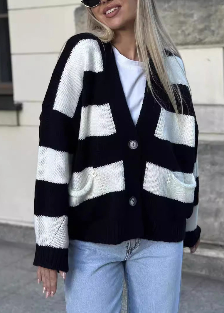 Casual Grey V Neck Pockets Striped Knit Cardigan Fall