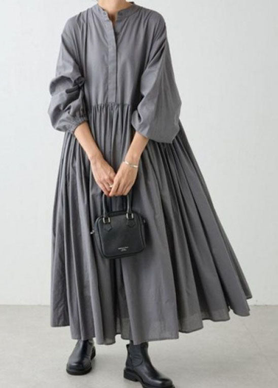 Casual Grey Wrinkled Patchwork Cotton Dresses Lantern Sleeve