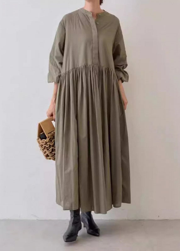 Casual Grey Wrinkled Patchwork Cotton Dresses Lantern Sleeve