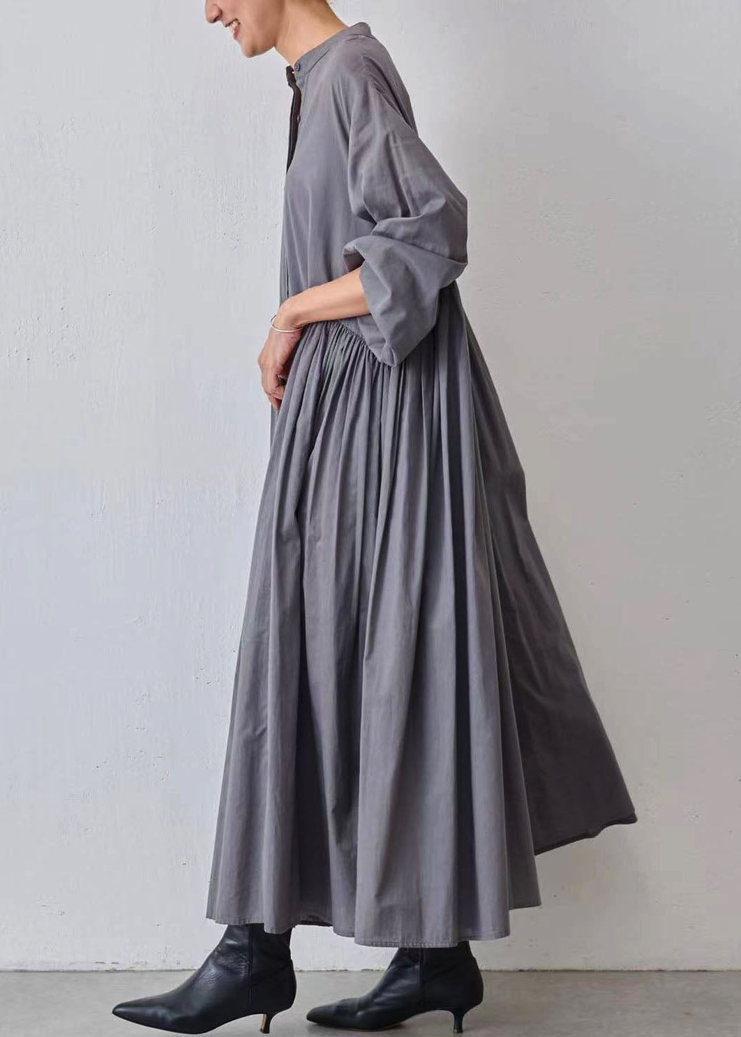 Casual Grey Wrinkled Patchwork Cotton Dresses Lantern Sleeve