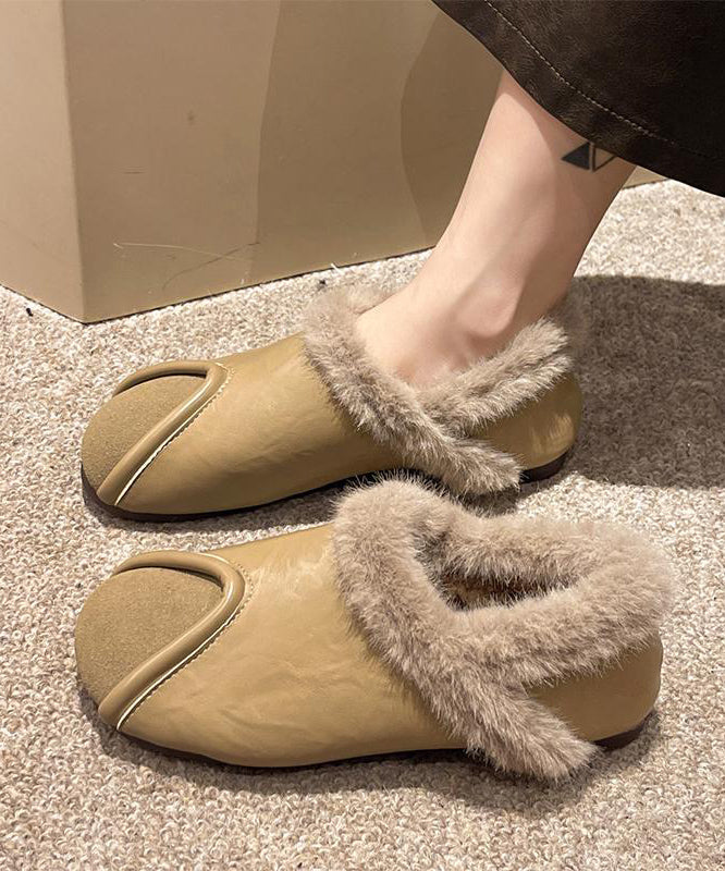 Casual Khaki Comfy Splicing Flat Feet Shoes Fuzzy Wool Lined