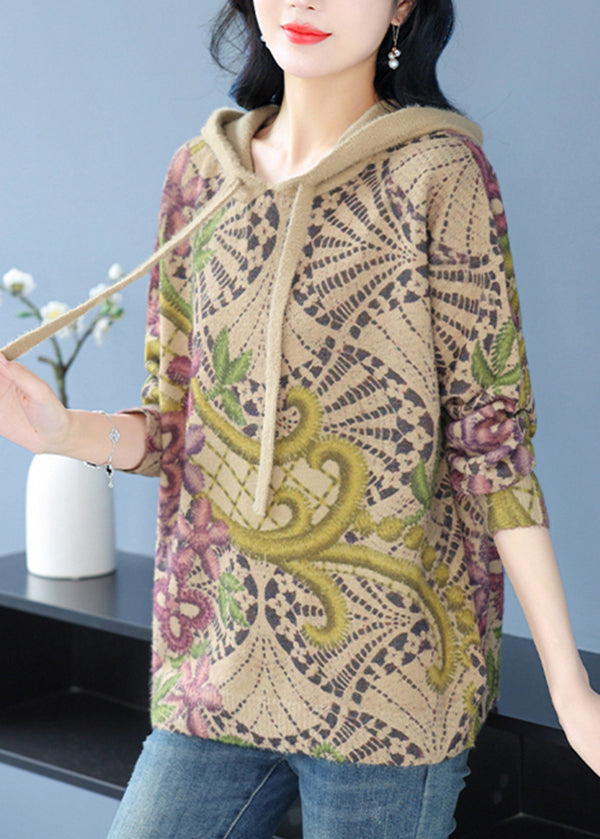 Casual Khaki Hooded Print Woolen Knit Pullover Spring