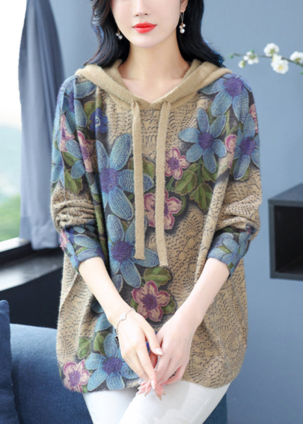 Casual Khaki Hooded Print Woolen Knit Pullover Spring