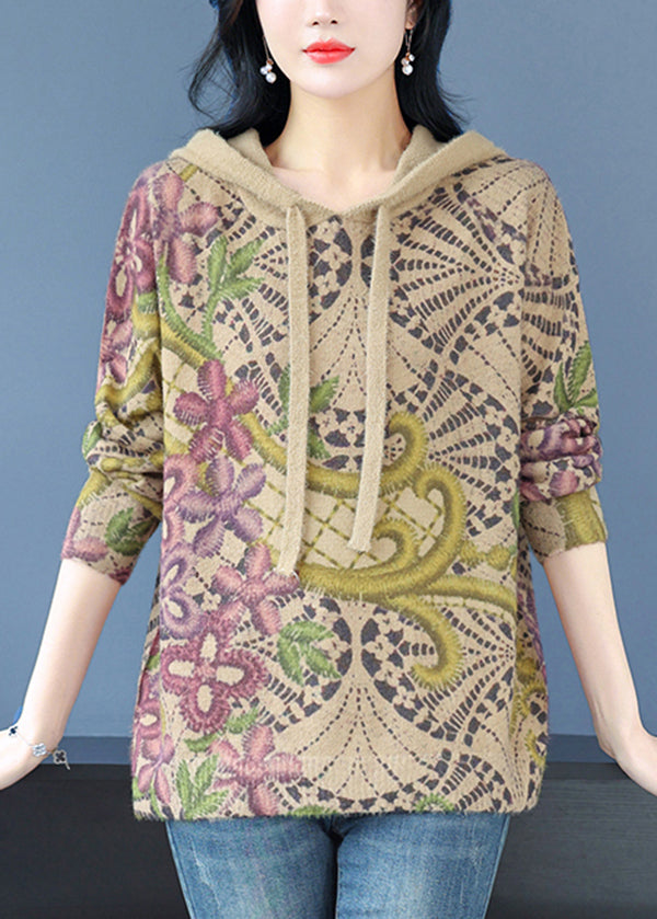 Casual Khaki Hooded Print Woolen Knit Pullover Spring