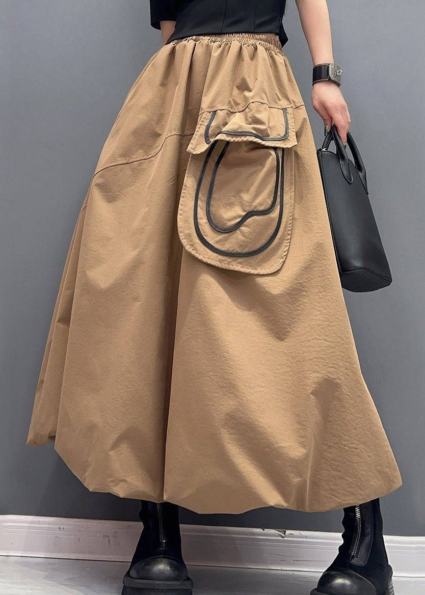 Casual Khaki Pockets Elastic Waist Cotton Skirts Summer