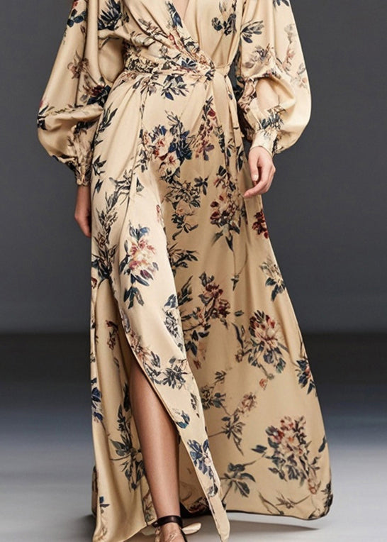 Casual Khaki Print Side Open Chiffon Long Dress Fall