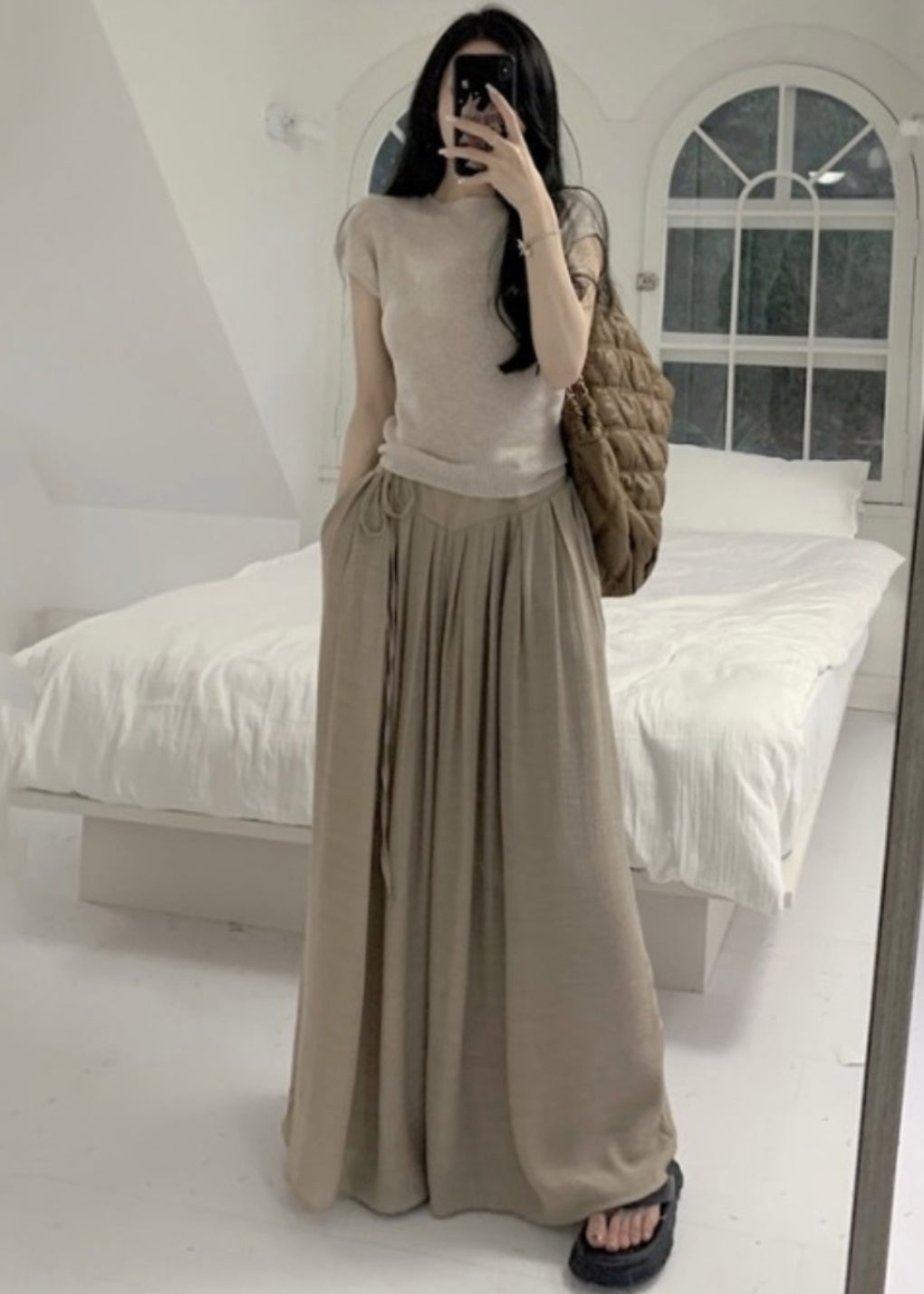 Casual Khaki Silm Fit Tops And Wide Leg Pants Two Pieces Set Summer