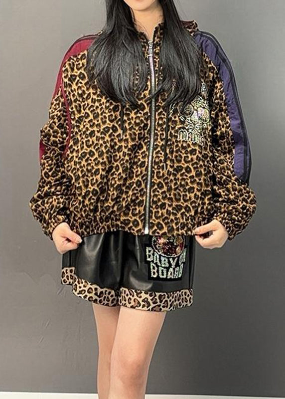 Casual Leopard Patchwork Zippered Hoodies Coats Spring