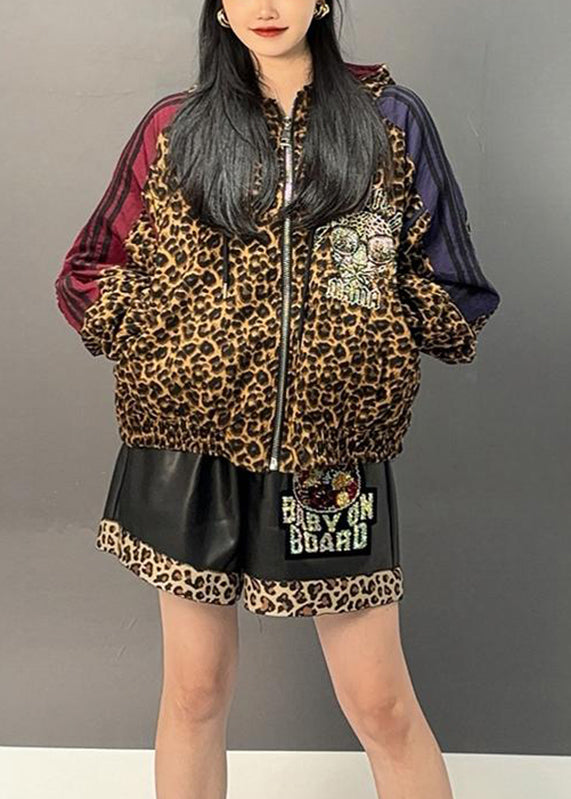 Casual Leopard Patchwork Zippered Hoodies Coats Spring