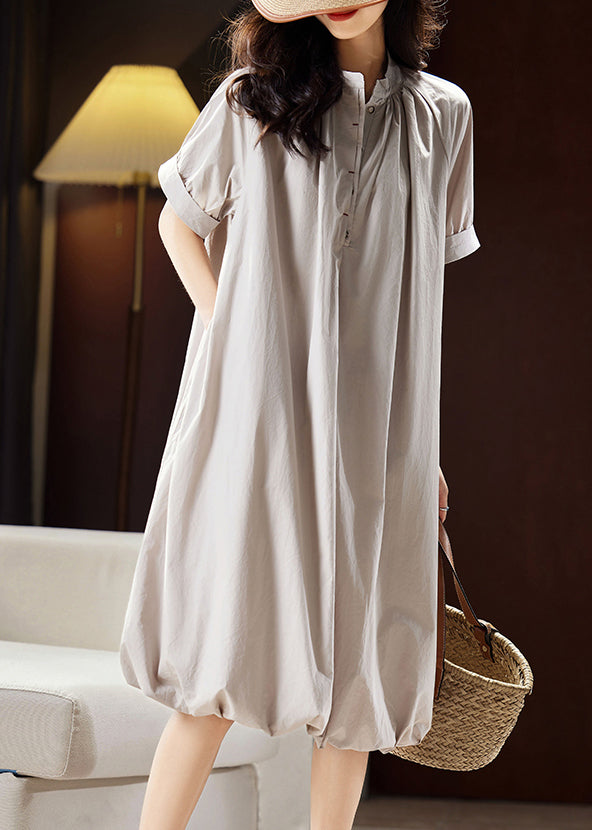 Casual Light Grey Stand Collar Button Cotton Long Dress Summer