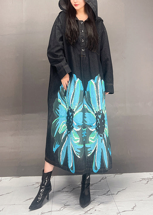 Casual Loose Black Hooded Print Denim Long Dress Fall