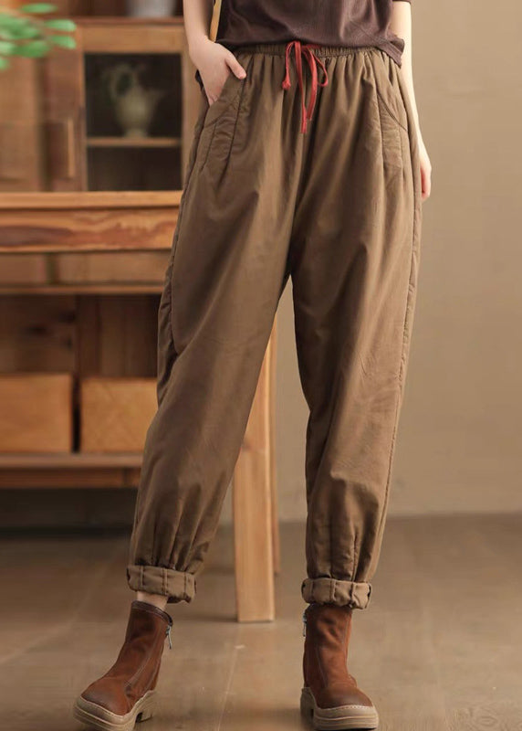 Casual Loose Coffee Pockets Elastic Waist Fine Cotton Filled Pants Winter