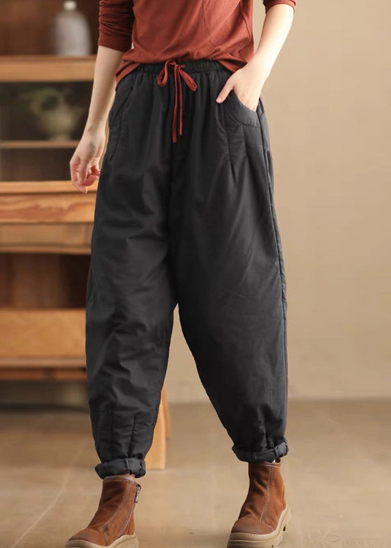 Casual Loose Coffee Pockets Elastic Waist Fine Cotton Filled Pants Winter