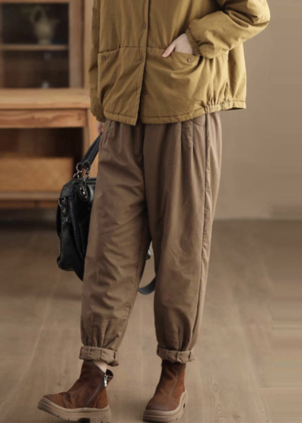 Casual Loose Coffee Pockets Elastic Waist Fine Cotton Filled Pants Winter