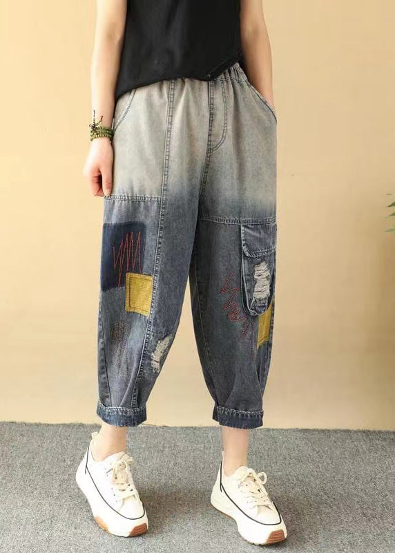 Casual Loose Gradient Color Elastic Waist Ripped Jeans Summer